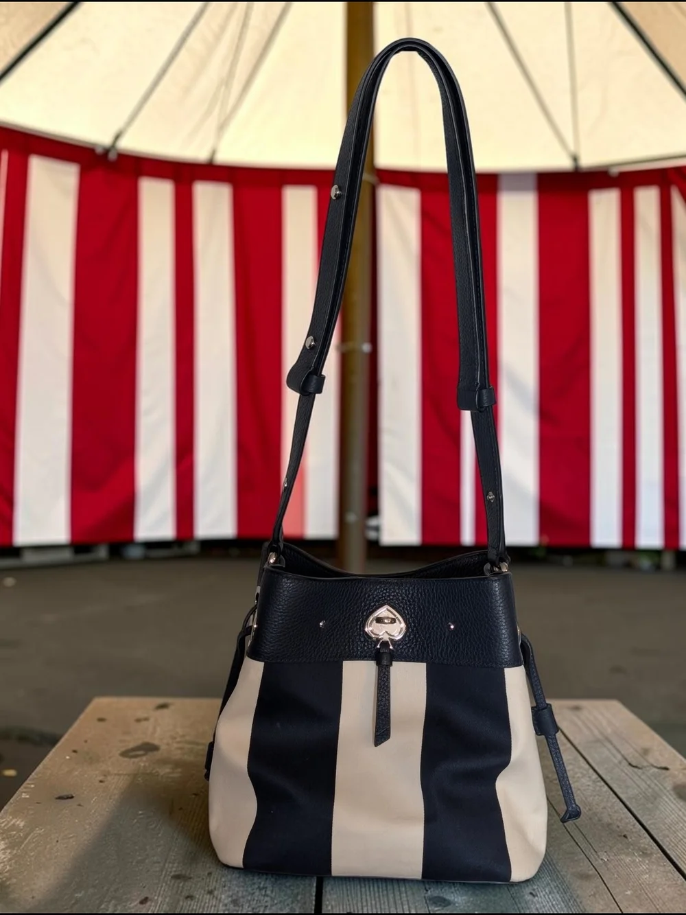 Kate Spade New York Canvas Drawstring Shoulder Bag in Navy Blue and Cream Stripe